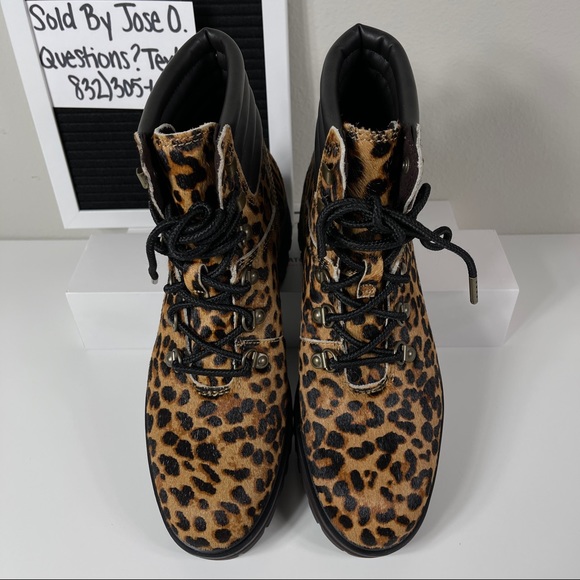 TIMBERLAND LONDON SQUARE WOMENS HIKER BOOTS SIZE 7 LEOPARD PRINT LEATHER BROWN N - Picture 2 of 10